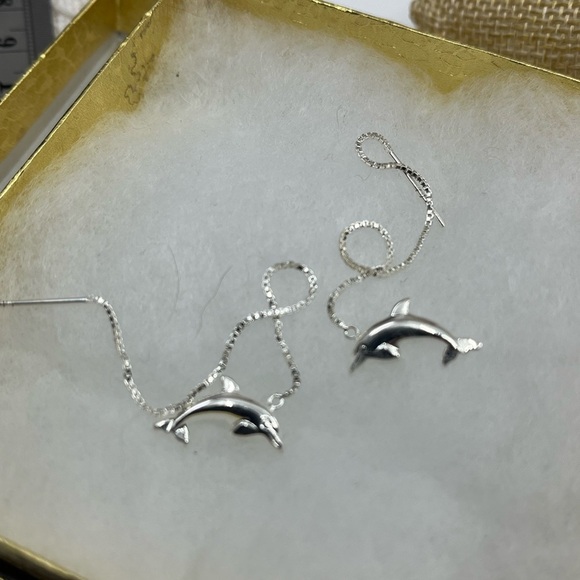 Vintage JCM Sterling Silver Dolphin Threader Earrings - Picture 10 of 14